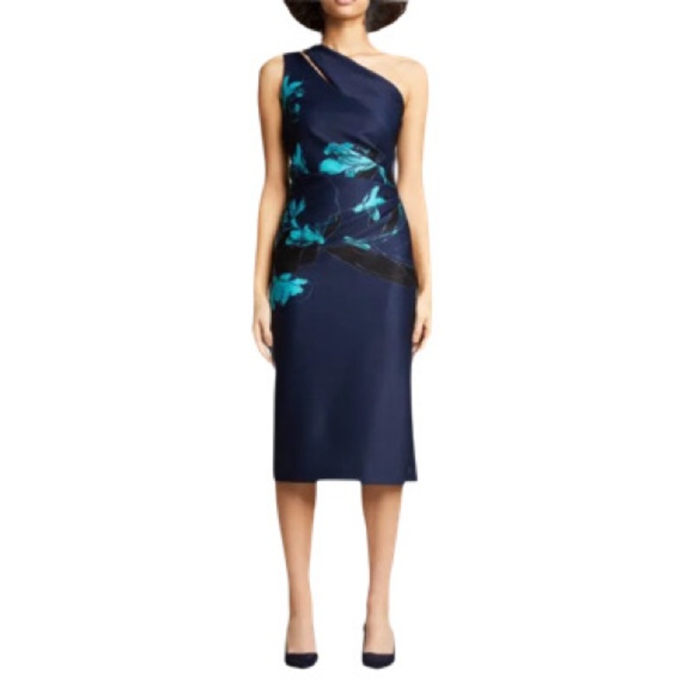 Rickie Freeman Teri Jon Slit One-Shoulder Scuba Midi Dress Size 8 Holiday Party